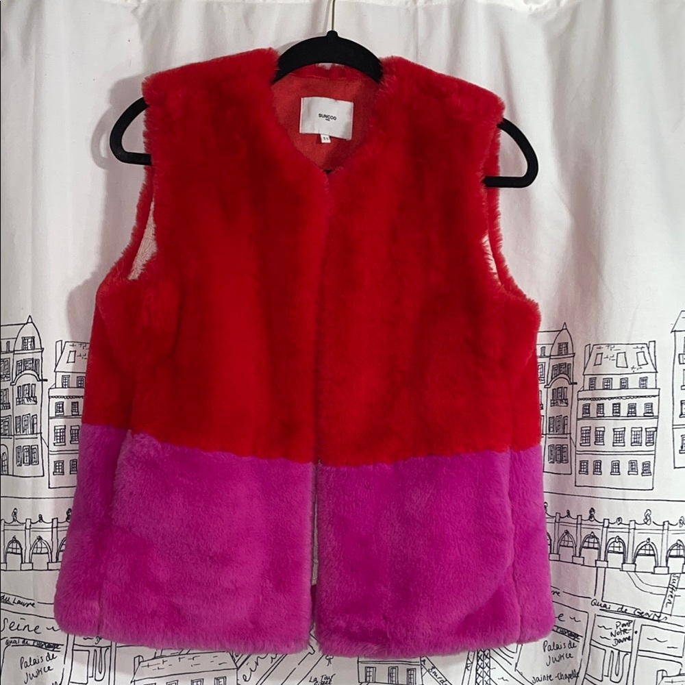 Sunoco Paris-Red and Pink Faux Fur Vest